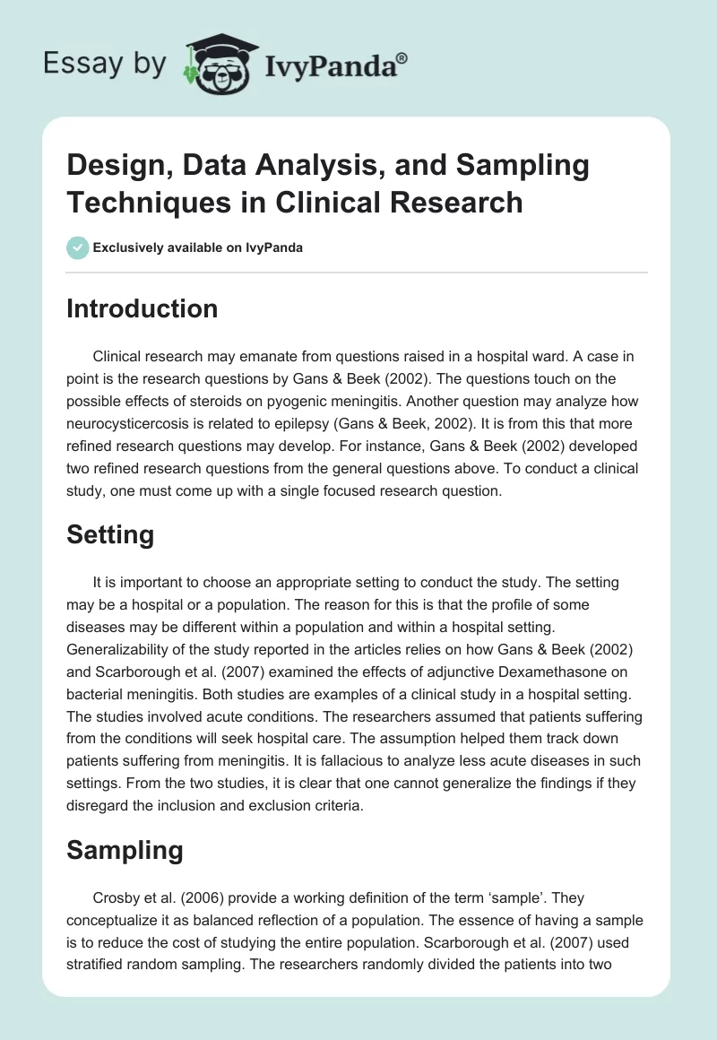 Design, Data Analysis, and Sampling Techniques in Clinical Research. Page 1