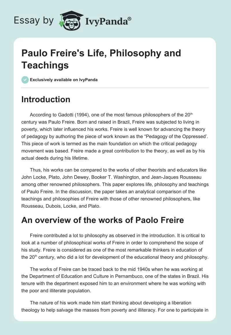 Paulo Freire's Life, Philosophy and Teachings. Page 1