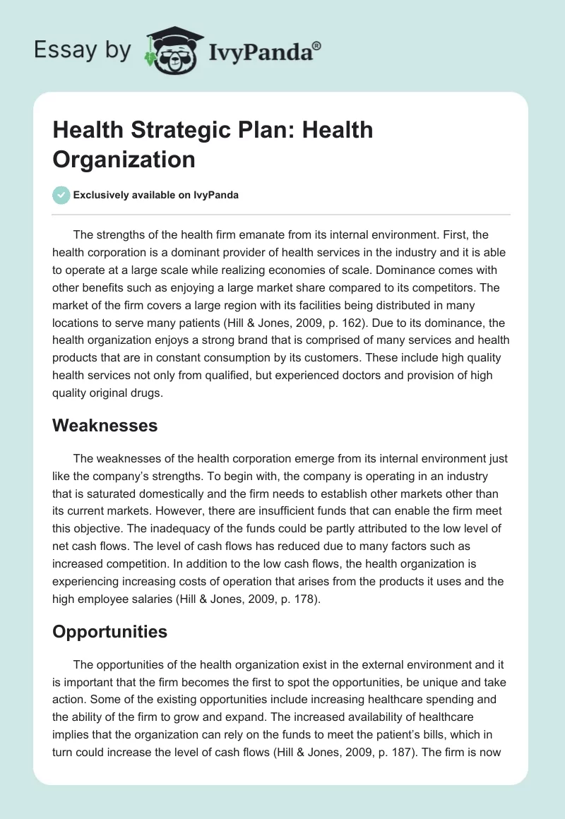 Health Strategic Plan: Health Organization. Page 1