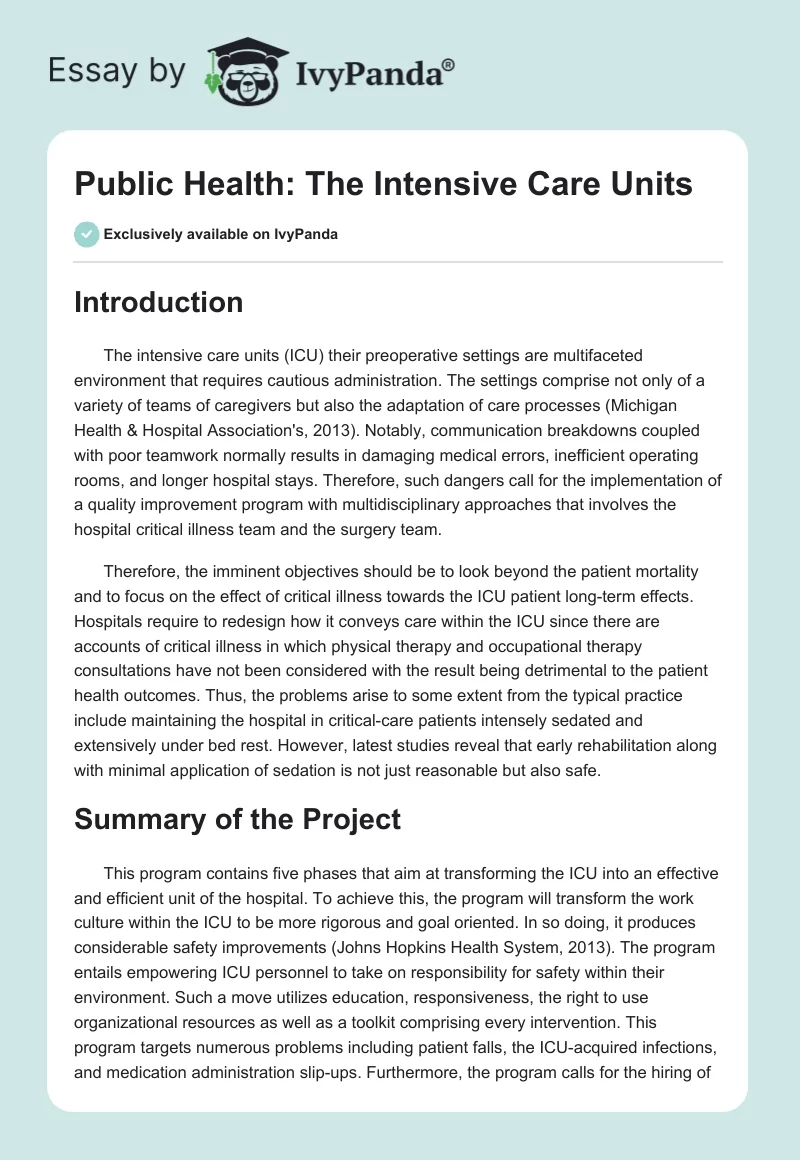 Public Health: The Intensive Care Units. Page 1