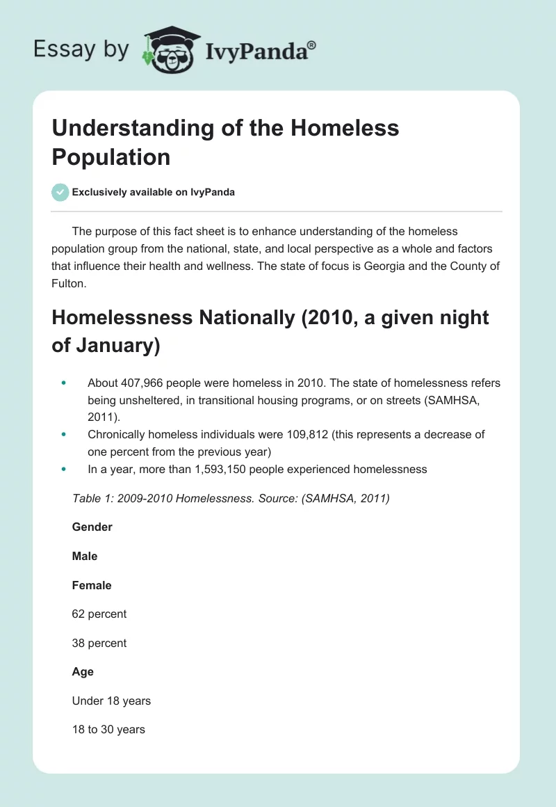 Understanding of the Homeless Population. Page 1