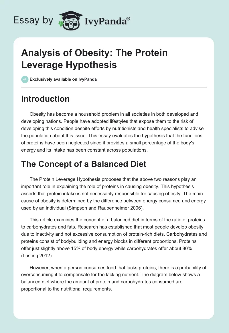 Analysis of Obesity: The Protein Leverage Hypothesis. Page 1