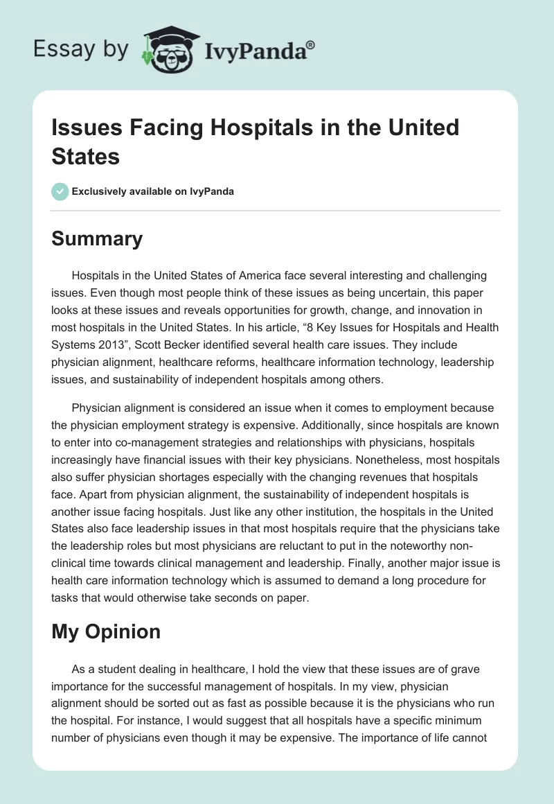 Issues Facing Hospitals in the United States. Page 1