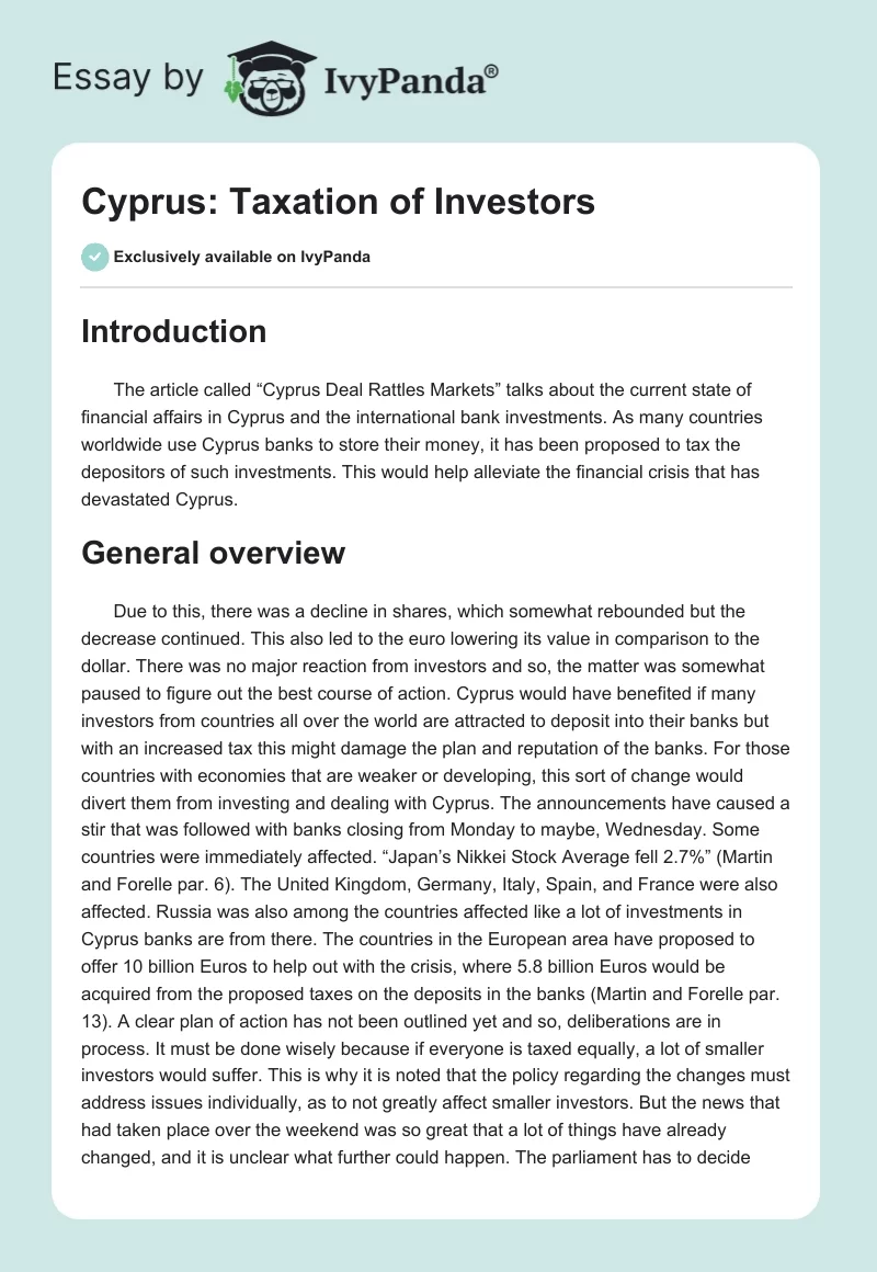 Cyprus: Taxation of Investors. Page 1
