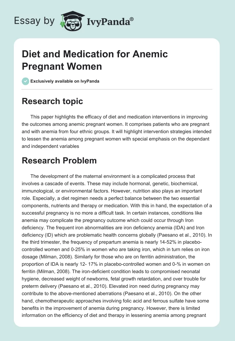 Diet and Medication for Anemic Pregnant Women. Page 1