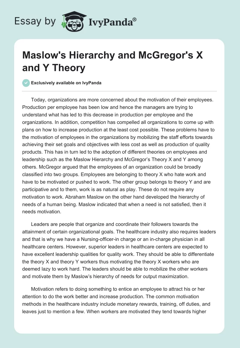 Maslow's Hierarchy and McGregor's X and Y Theory. Page 1