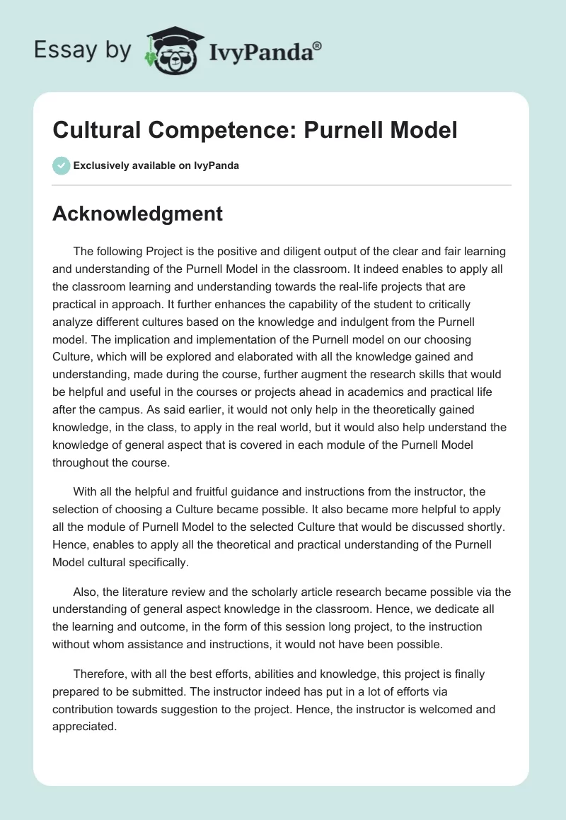 Cultural Competence: Purnell Model. Page 1