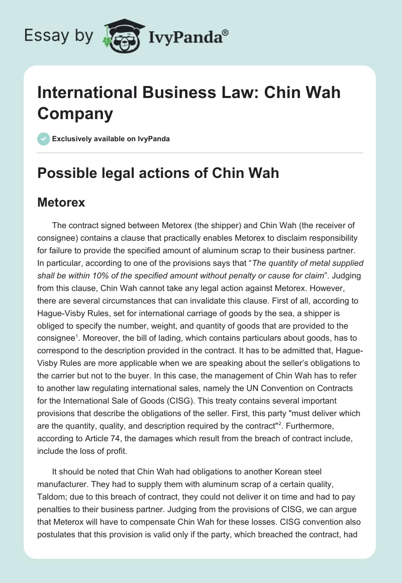 International Business Law: Chin Wah Company. Page 1