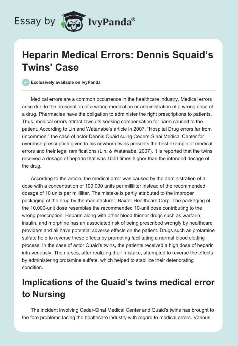 Heparin Medical Errors: Dennis Squaid’s Twins' Case. Page 1
