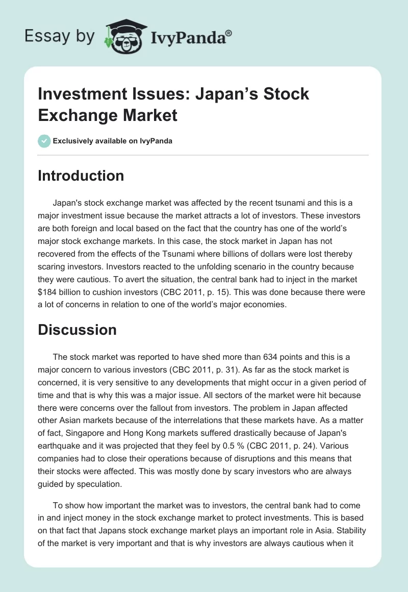 Investment Issues: Japan’s Stock Exchange Market. Page 1