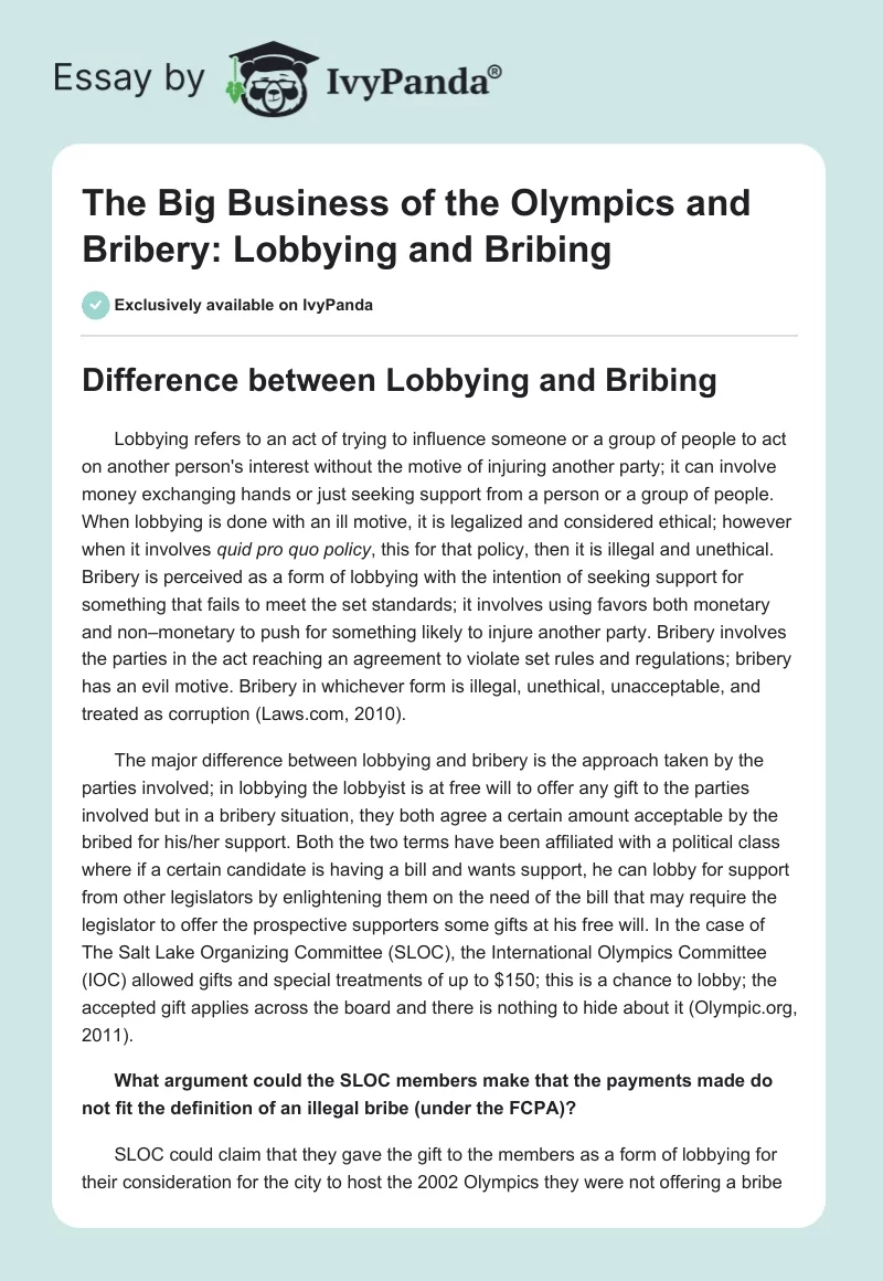 The Big Business of the Olympics and Bribery: Lobbying and Bribing. Page 1