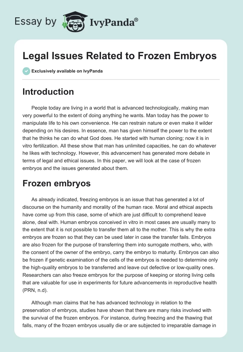 Legal Issues Related to Frozen Embryos. Page 1