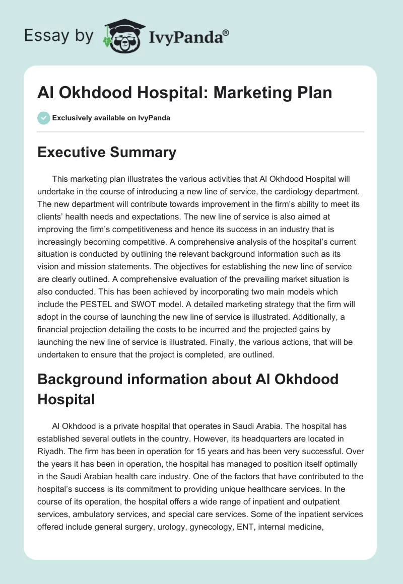 Al Okhdood Hospital: Marketing Plan. Page 1