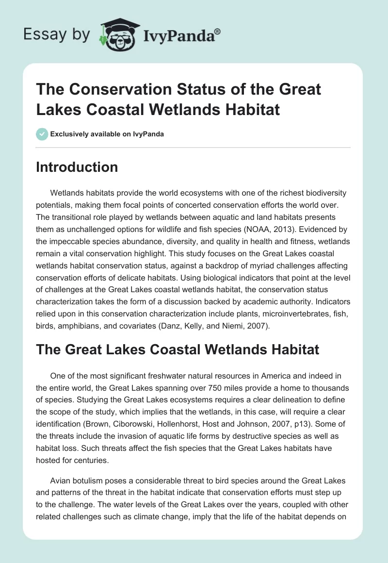 The Conservation Status of the Great Lakes Coastal Wetlands Habitat. Page 1