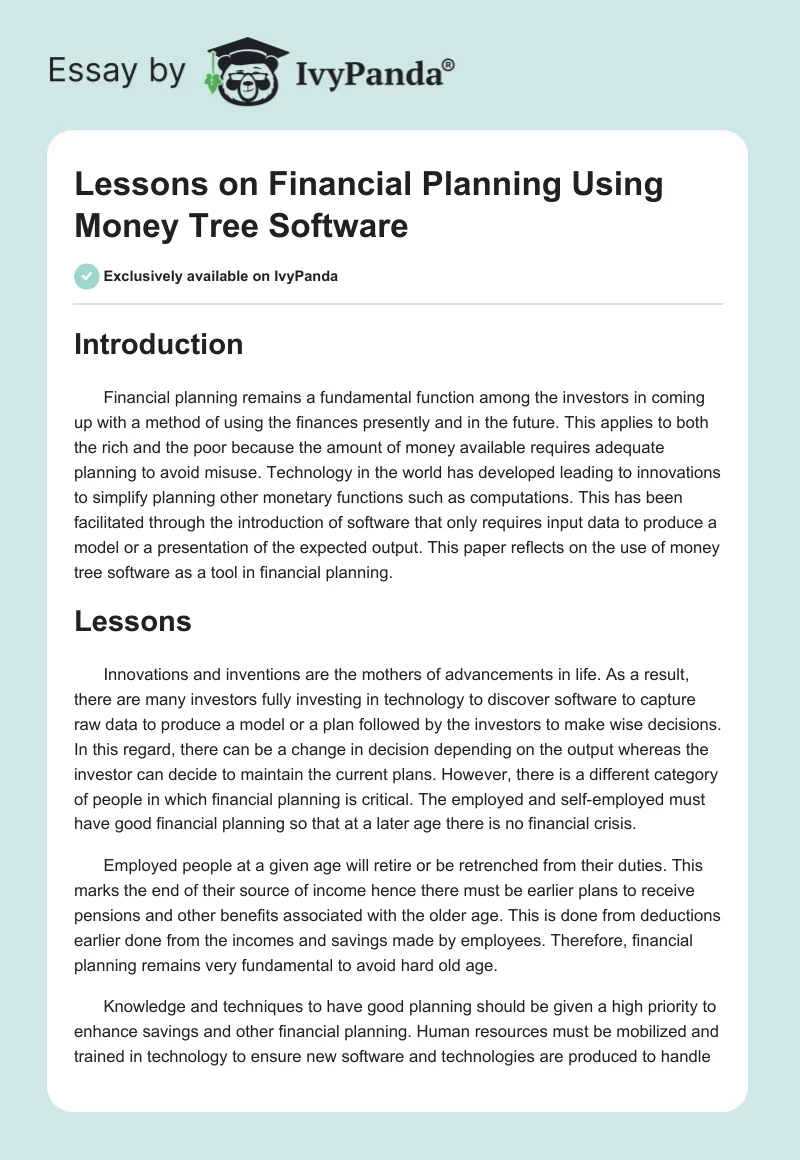 Lessons on Financial Planning Using Money Tree Software. Page 1