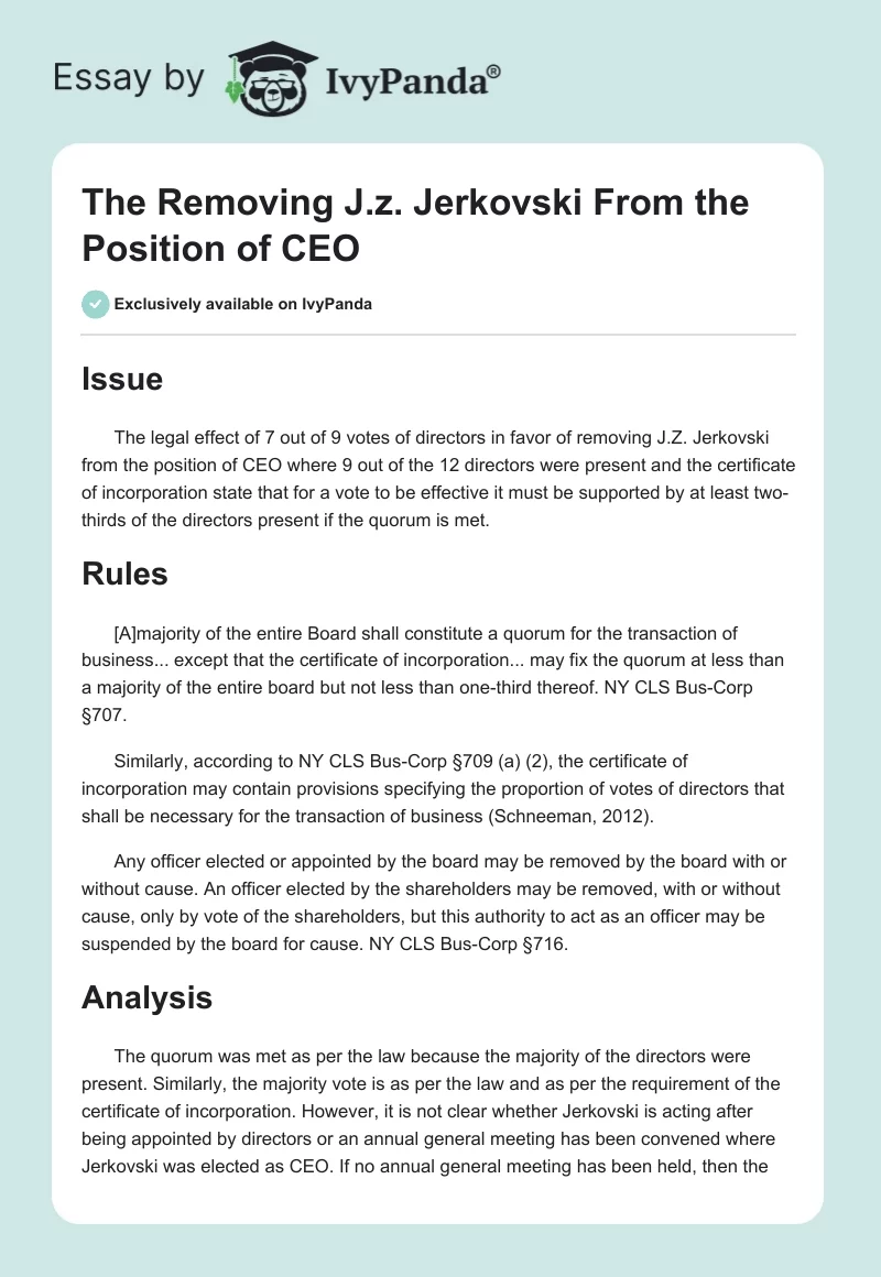 The Removing J.z. Jerkovski From the Position of CEO. Page 1