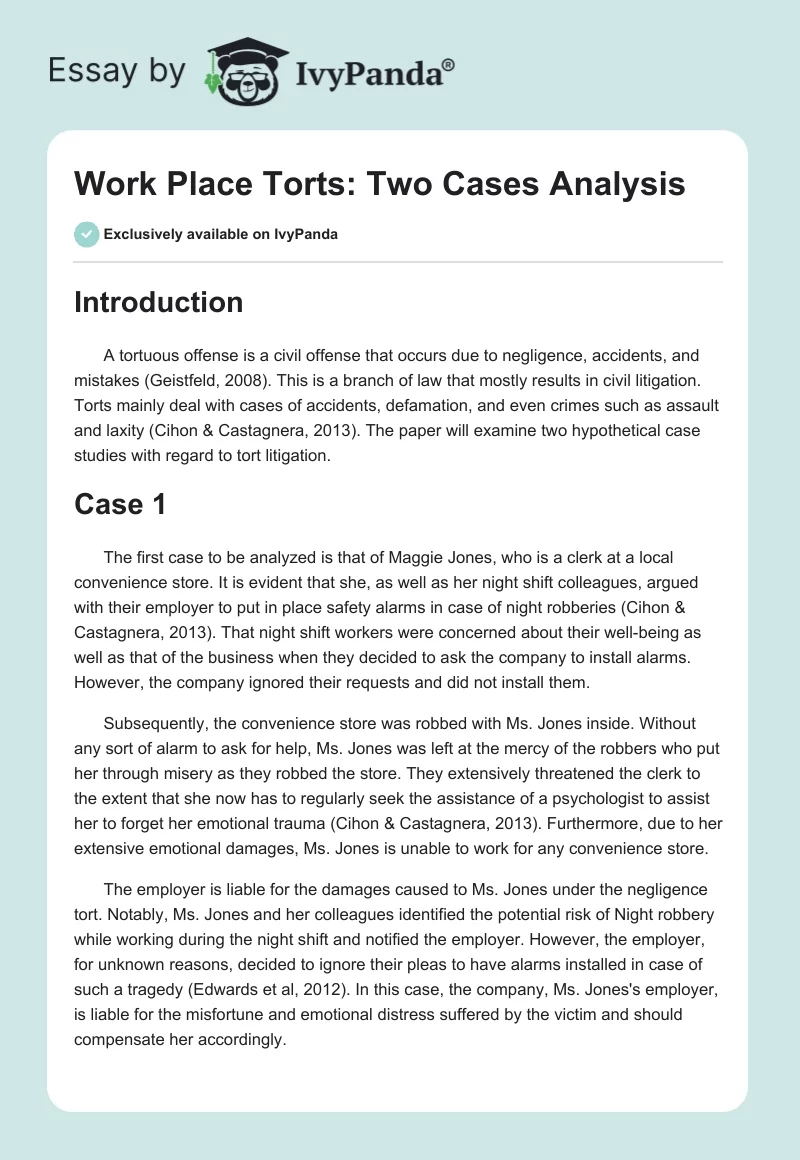 Work Place Torts: Two Cases Analysis. Page 1