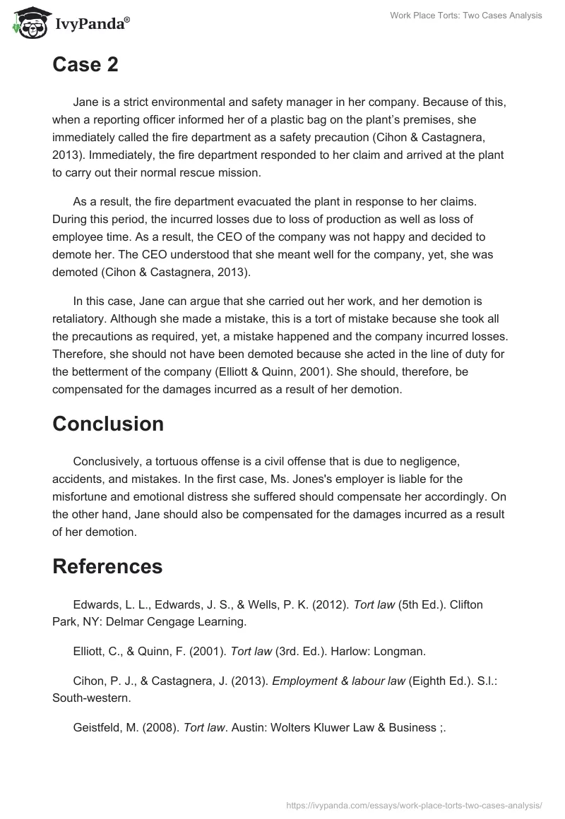 Work Place Torts: Two Cases Analysis. Page 2