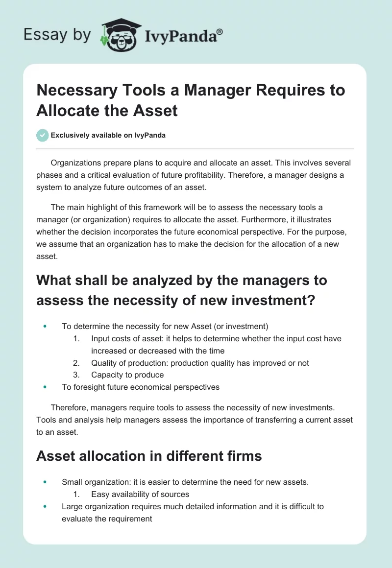 Necessary Tools a Manager Requires to Allocate the Asset. Page 1