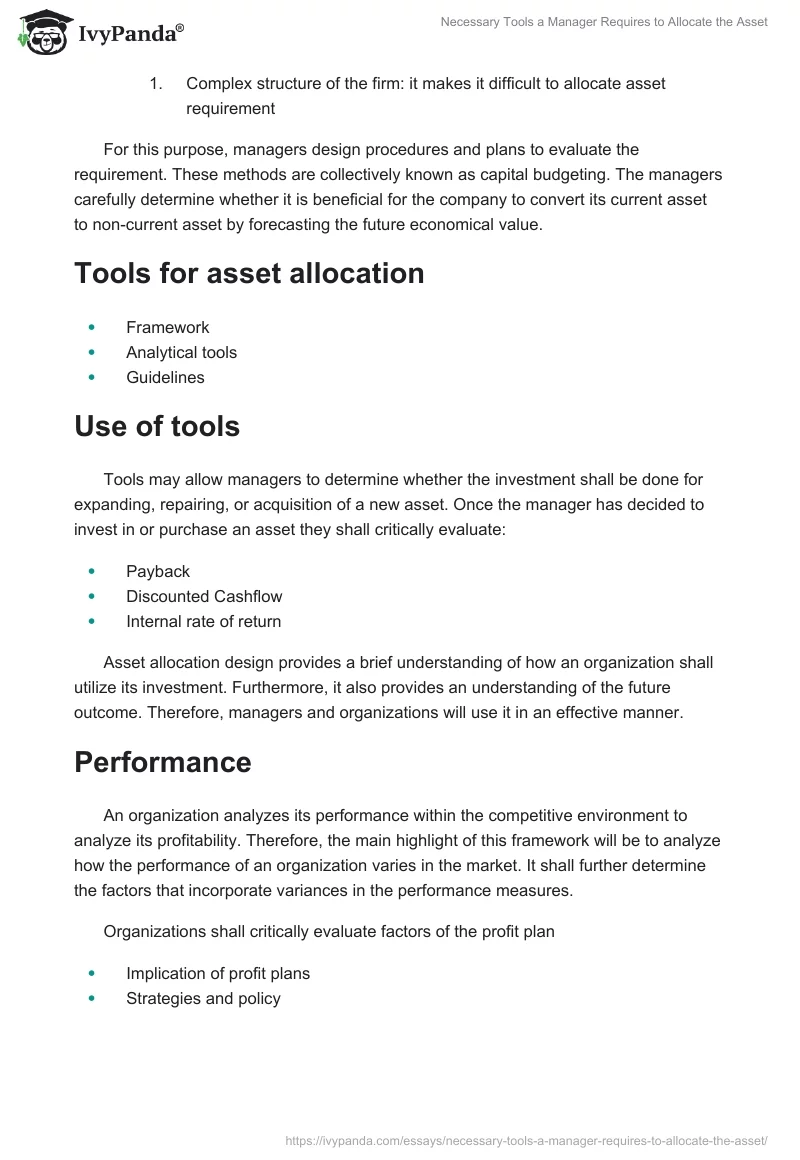 Necessary Tools a Manager Requires to Allocate the Asset. Page 2