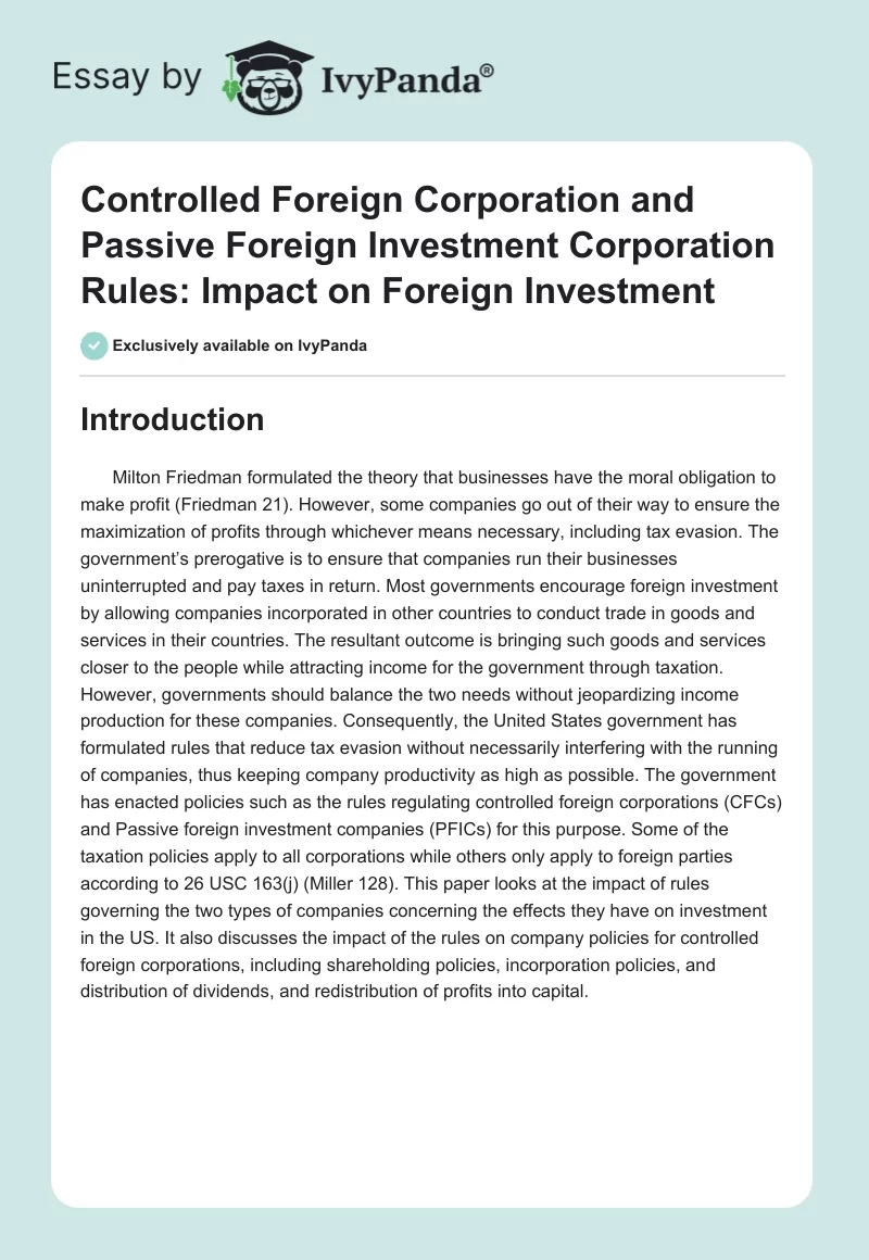 Controlled Foreign Corporation and Passive Foreign Investment Corporation Rules: Impact on Foreign Investment. Page 1