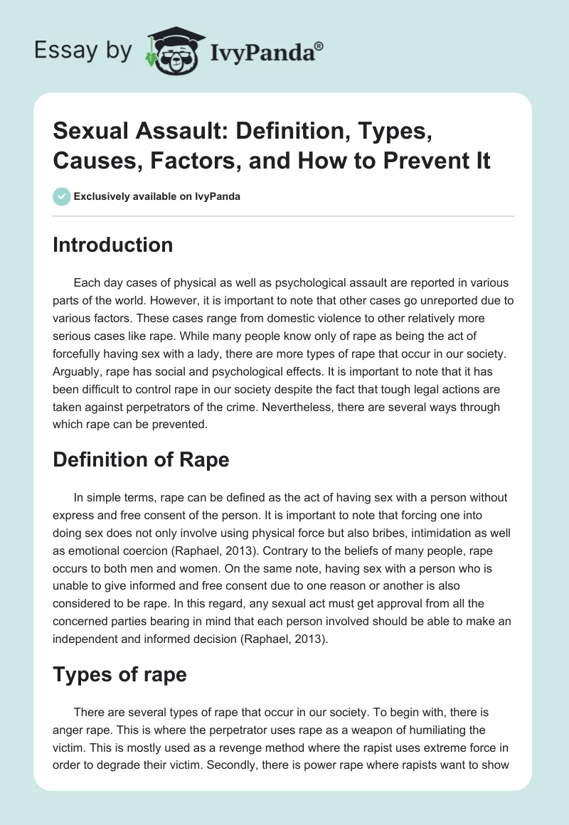 Sexual Assault: Definition, Types, Causes, Factors, and How to Prevent It. Page 1