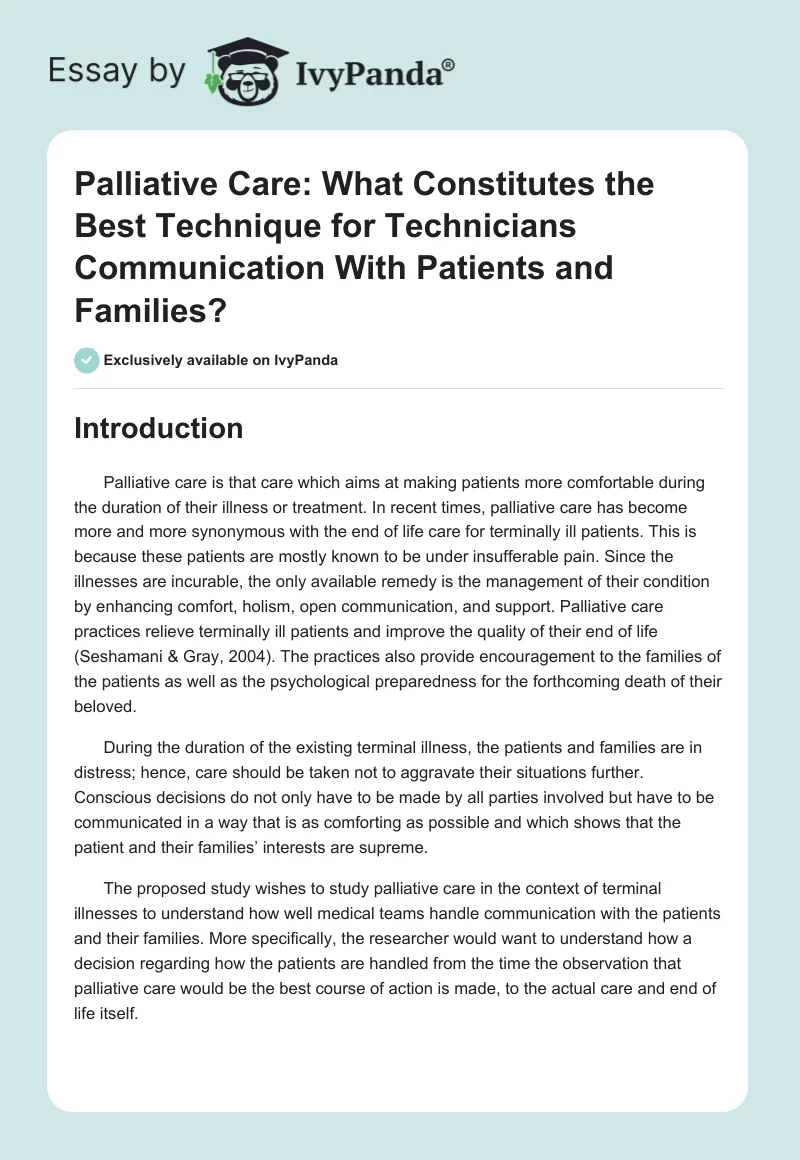 Palliative Care: What Constitutes the Best Technique for Technicians Communication With Patients and Families?. Page 1