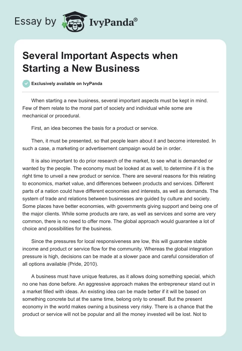 Several Important Aspects when Starting a New Business. Page 1