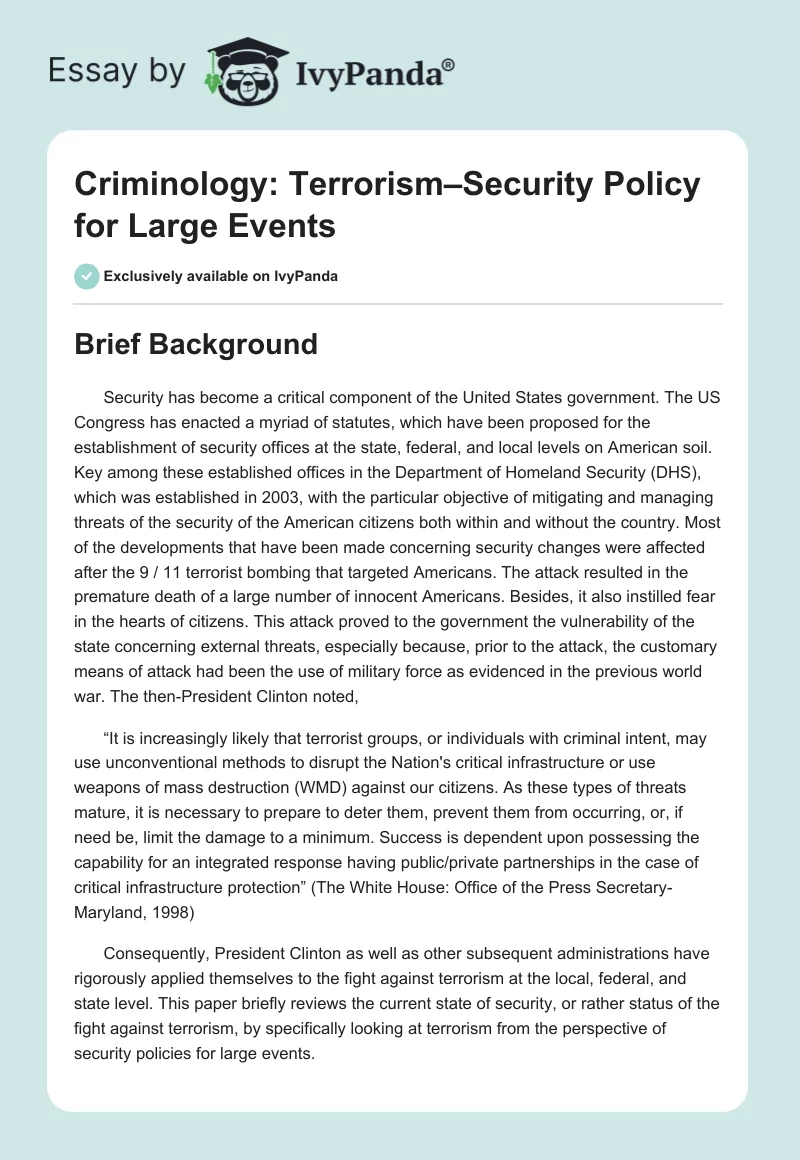 Criminology: Terrorism–Security Policy for Large Events. Page 1