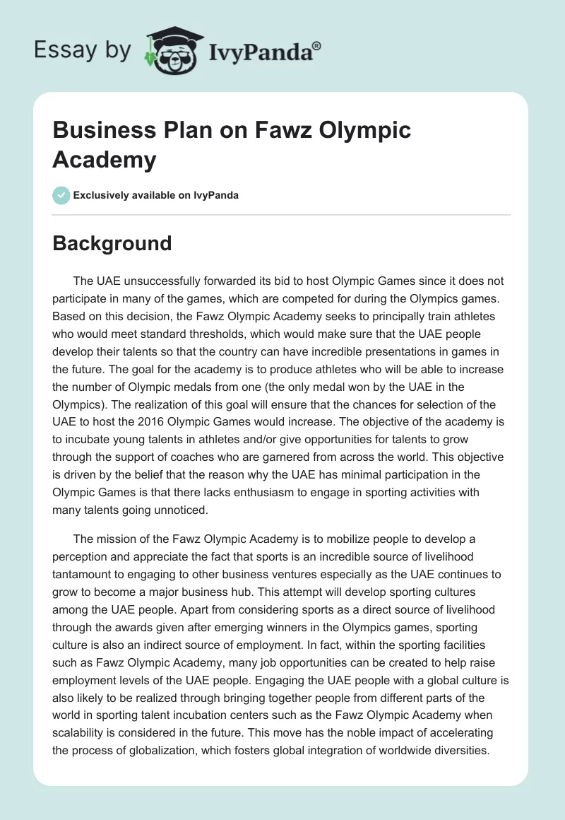 Business Plan on Fawz Olympic Academy. Page 1