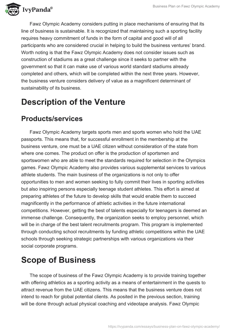 Business Plan on Fawz Olympic Academy. Page 2