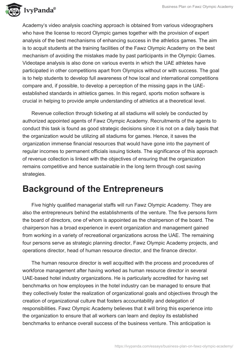 Business Plan on Fawz Olympic Academy. Page 3
