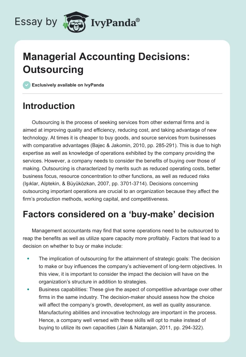Managerial Accounting Decisions: Outsourcing. Page 1