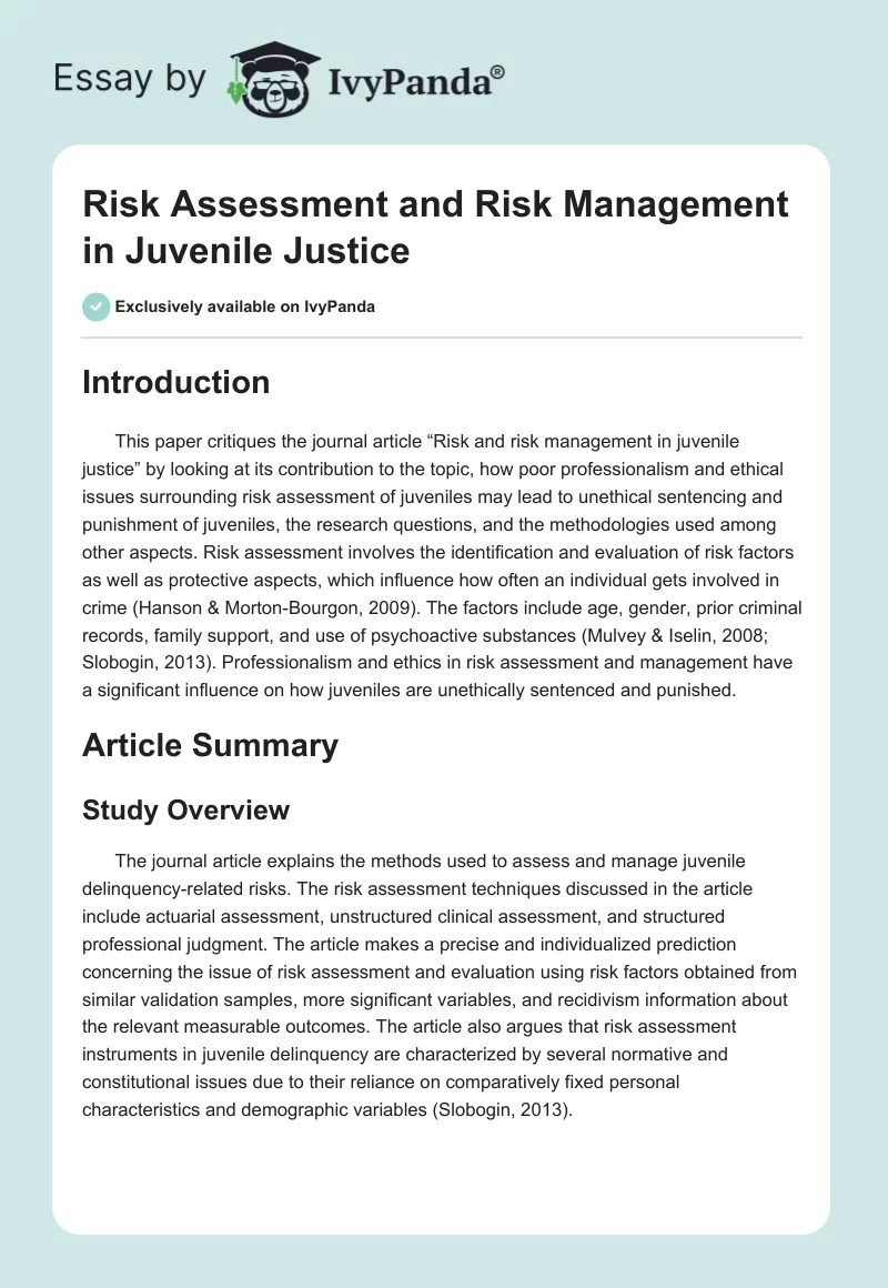 Risk Assessment and Risk Management in Juvenile Justice. Page 1