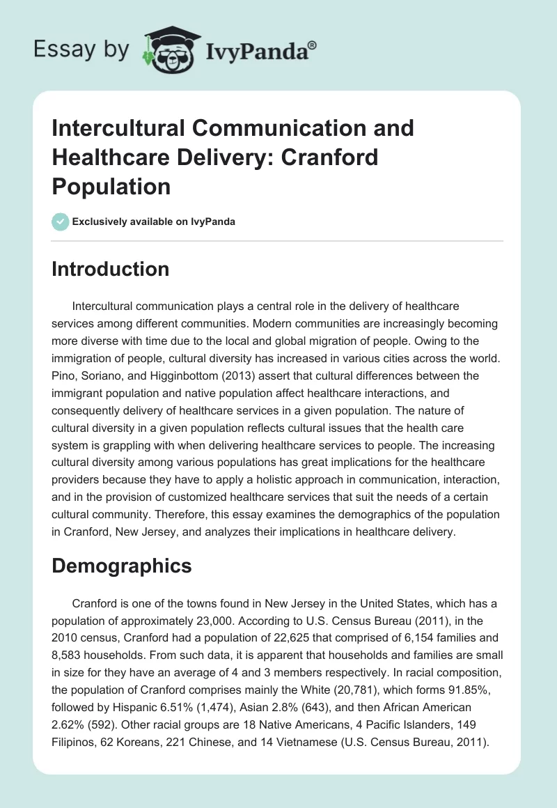 Intercultural Communication and Healthcare Delivery: Cranford Population. Page 1