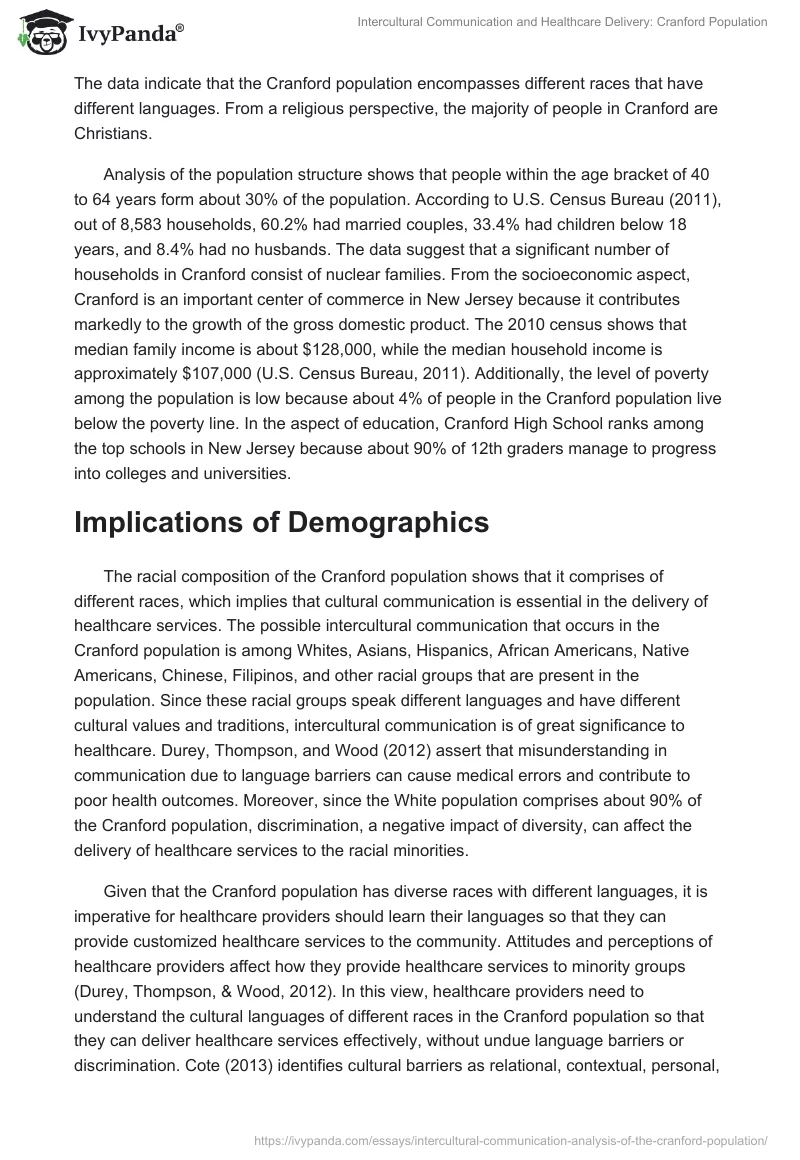 Intercultural Communication and Healthcare Delivery: Cranford Population. Page 2