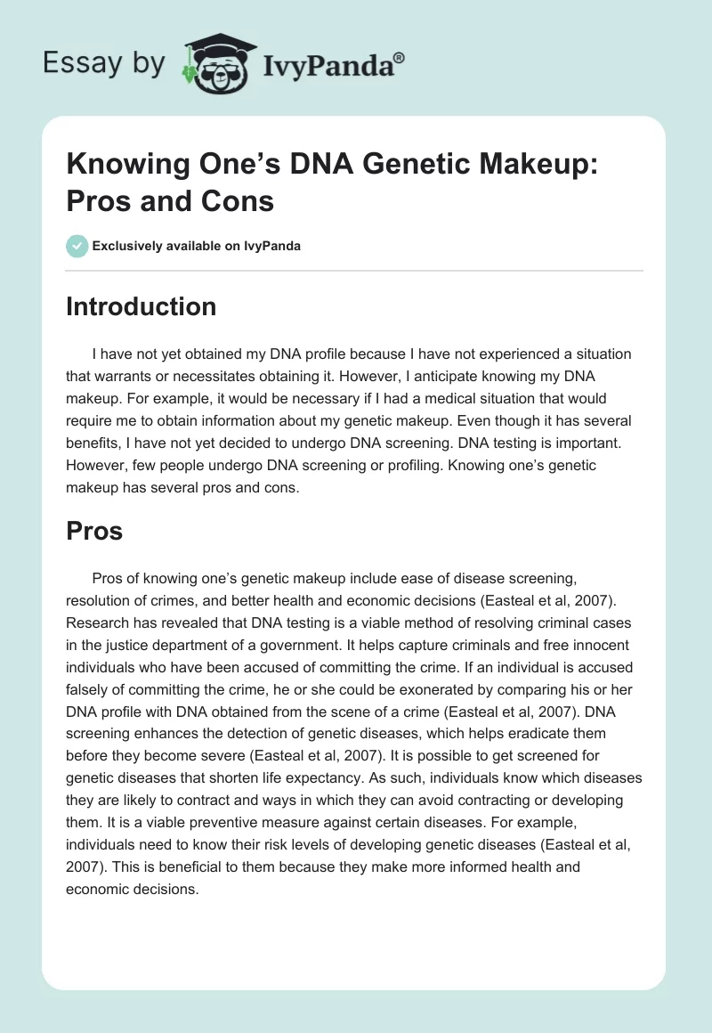 Knowing One’s DNA Genetic Makeup: Pros and Cons. Page 1