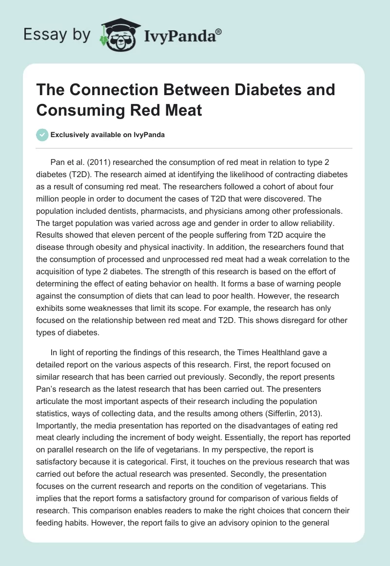 The Connection Between Diabetes and Consuming Red Meat. Page 1