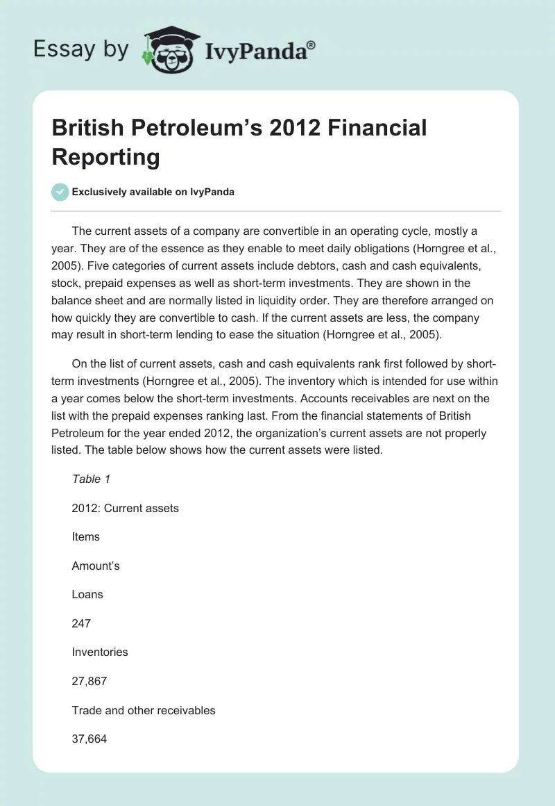 British Petroleum’s 2012 Financial Reporting. Page 1