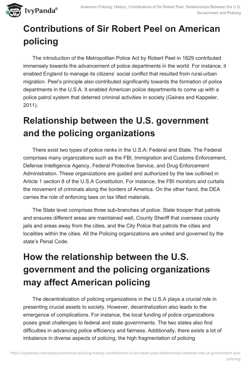 American Policing: History, Contributions of Sir Robert Peel, Relationships Between the U.S. Government and Policing. Page 2