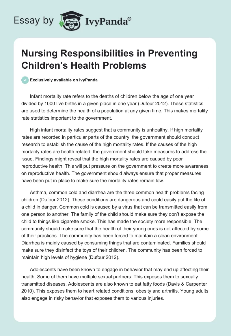 Nursing Responsibilities in Preventing Children's Health Problems. Page 1