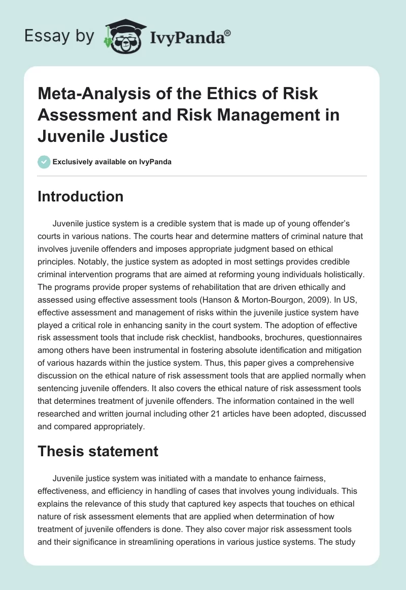 Meta-Analysis of the Ethics of Risk Assessment and Risk Management in Juvenile Justice. Page 1