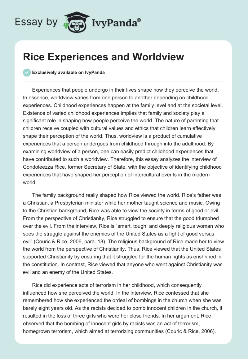 Rice Experiences and Worldview. Page 1