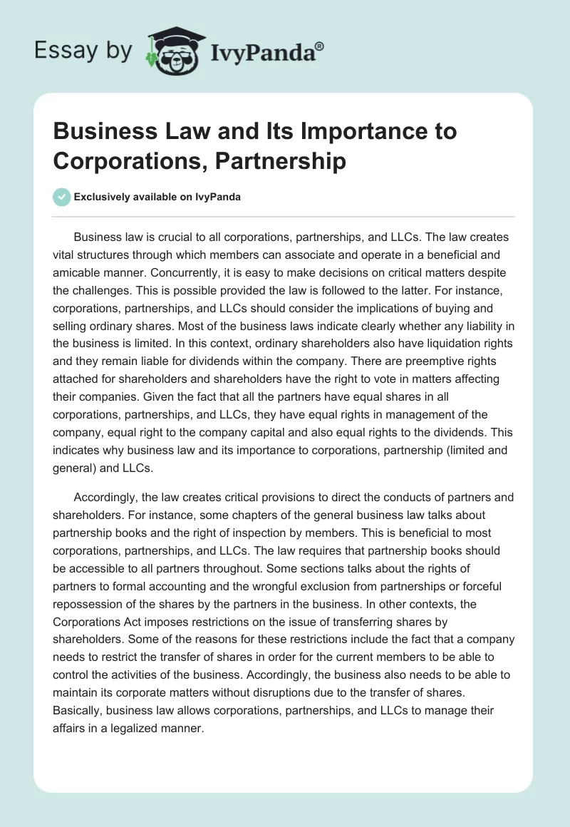 Business Law and Its Importance to Corporations, Partnership. Page 1
