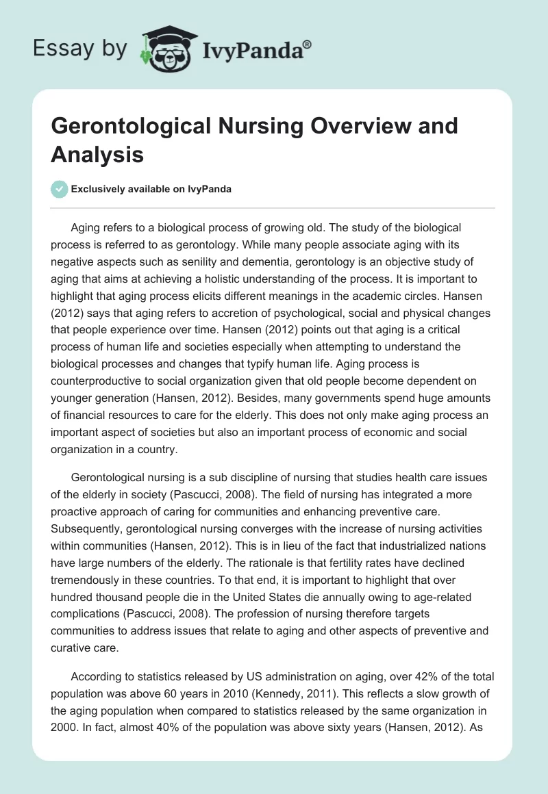 Gerontological Nursing Overview and Analysis. Page 1