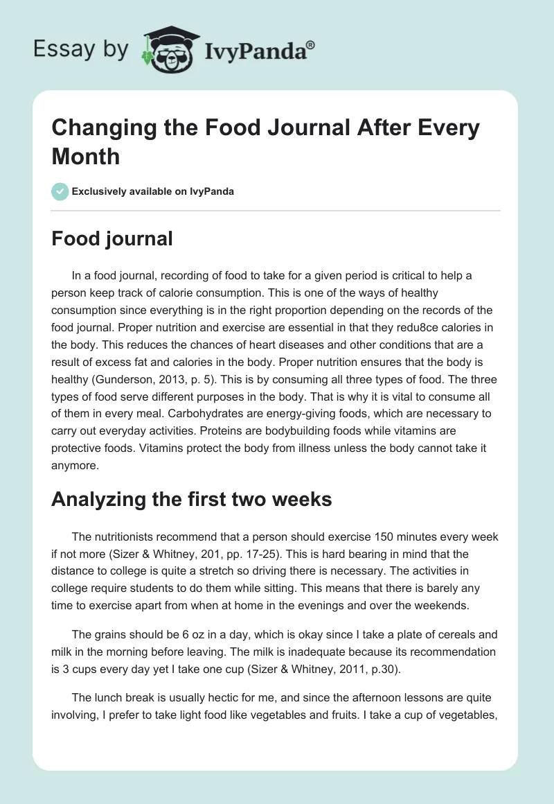 Changing the Food Journal After Every Month. Page 1