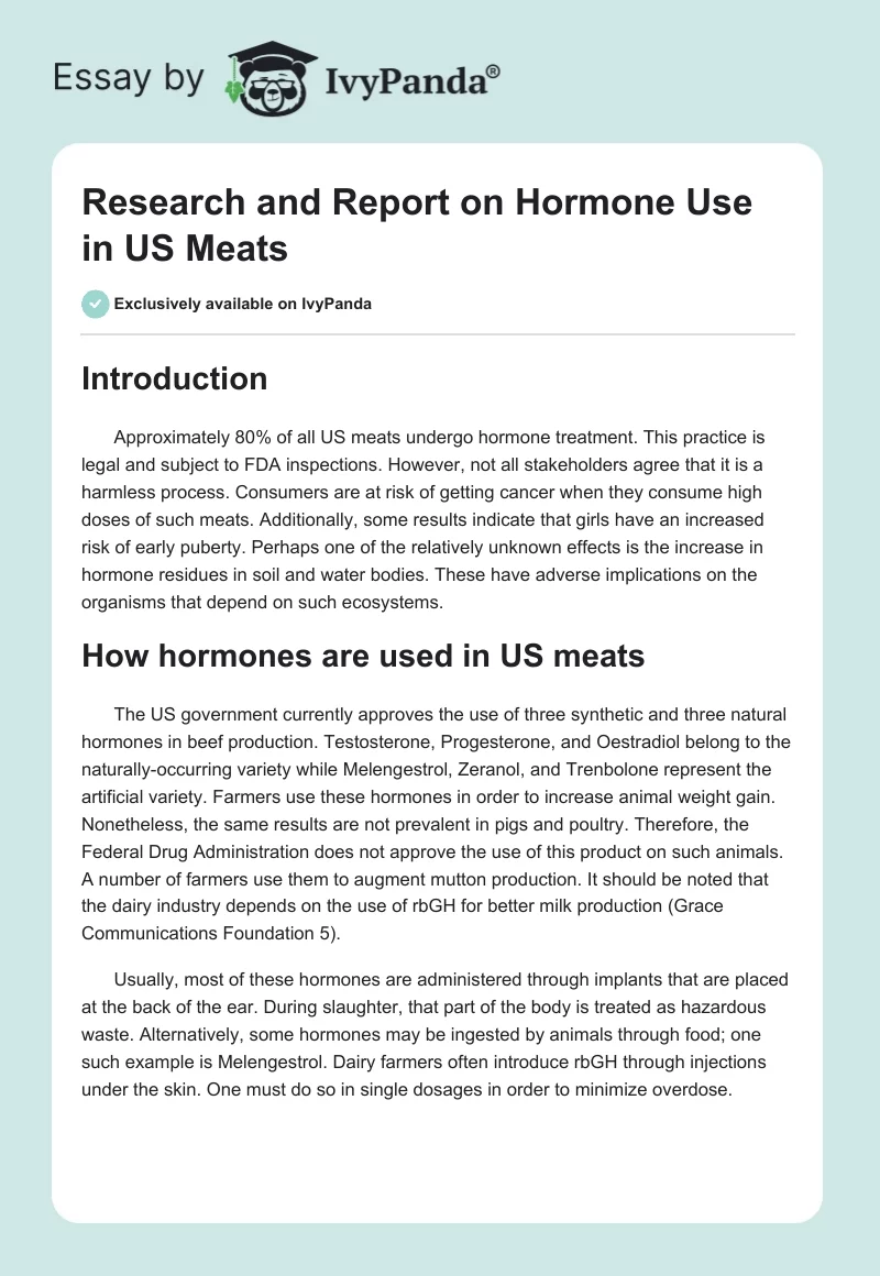 Research and Report on Hormone Use in US Meats. Page 1