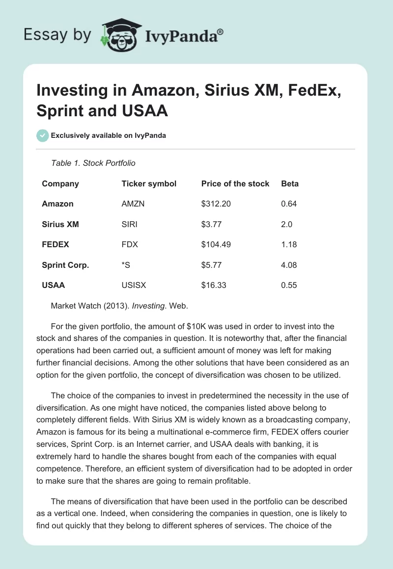 Investing in Amazon, Sirius XM, FedEx, Sprint and USAA. Page 1