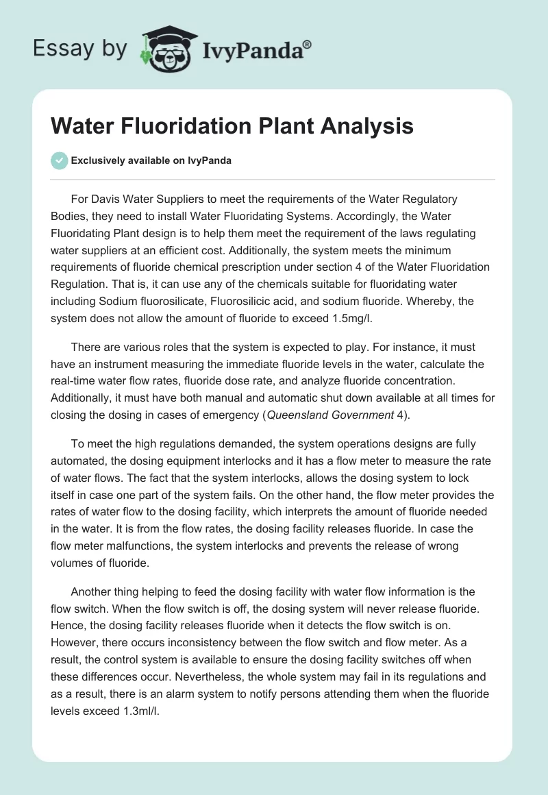 Water Fluoridation Plant Analysis. Page 1