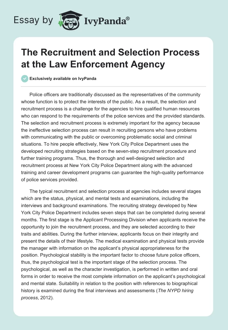The Recruitment and Selection Process at the Law Enforcement Agency. Page 1